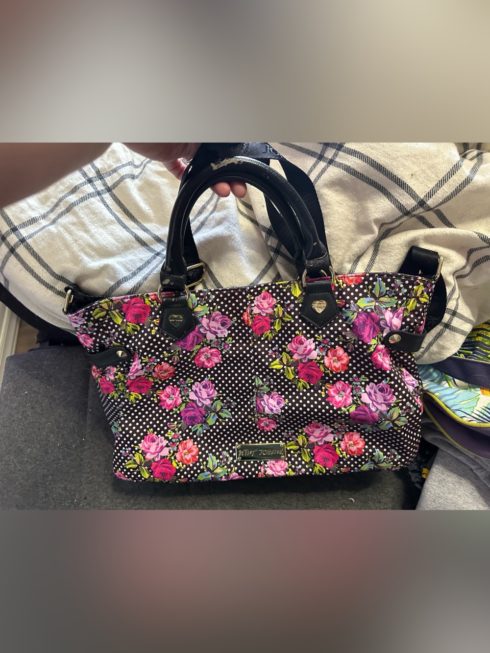 Betsey Johnson Black Floral Polka Dot Tote with Pink & Purple Roses